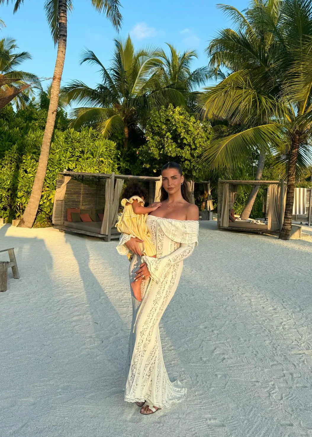 white lace dress maxi length off the shoulder